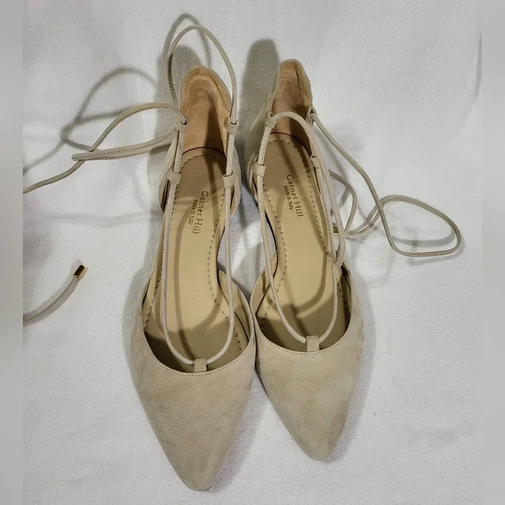 Garnet Hill Cream Suede Pointed-Toe Lace-Up Flats